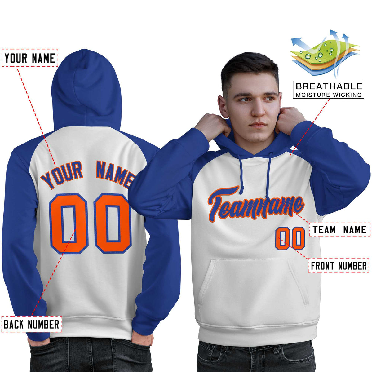 Custom Stitched White Royal Raglan Sleeves Sports Pullover Sweatshirt Hoodie For Men| KXKSHOP