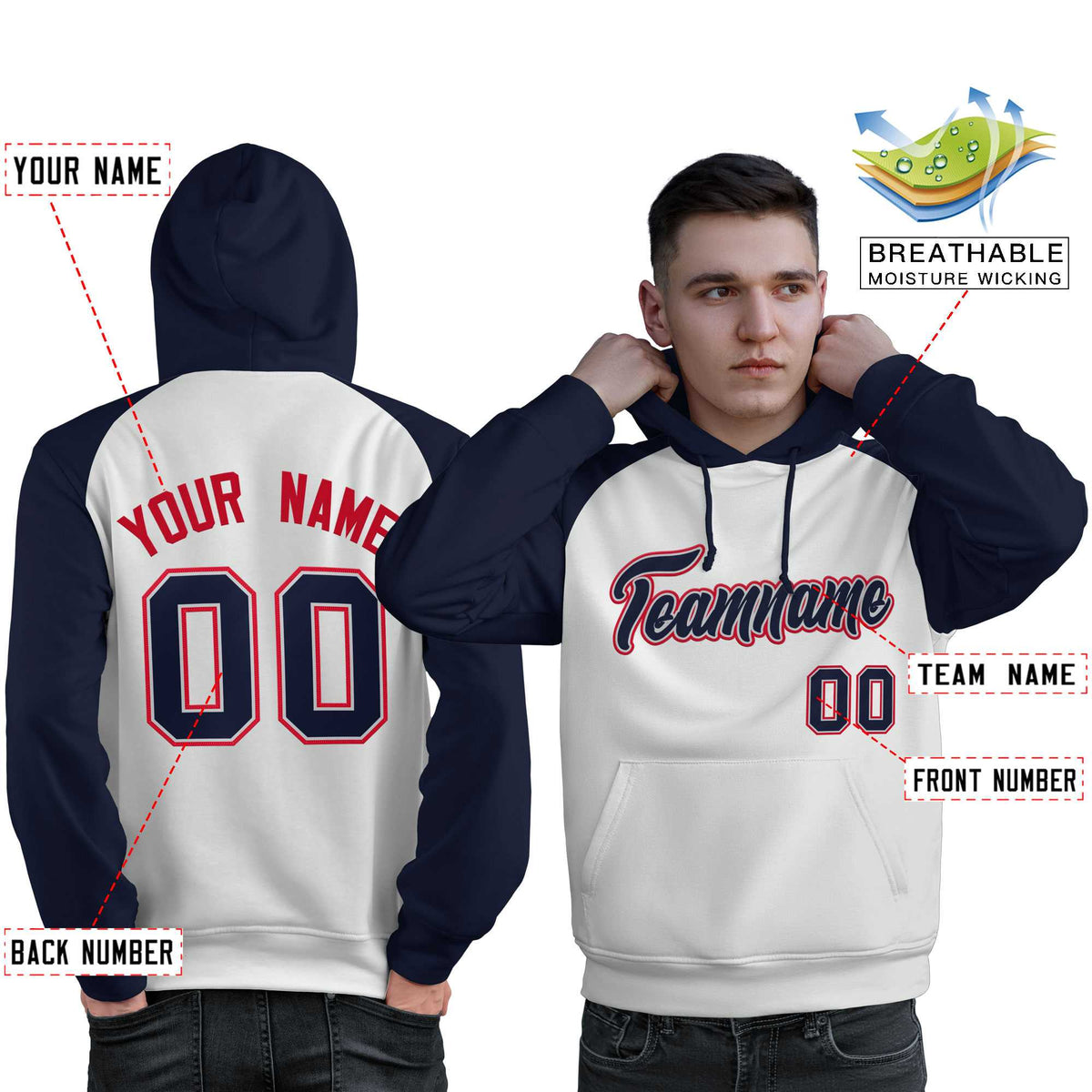 Custom Stitched White Navy Raglan Sleeves Sports Pullover Sweatshirt Hoodie For Men| KXKSHOP