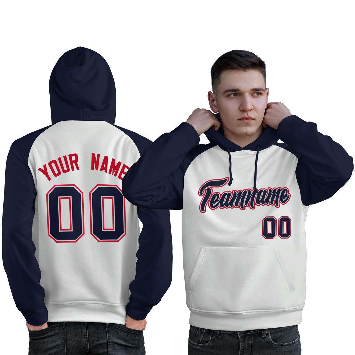 Custom Stitched White Navy Raglan Sleeves Sports Pullover Sweatshirt Hoodie For Men| KXKSHOP