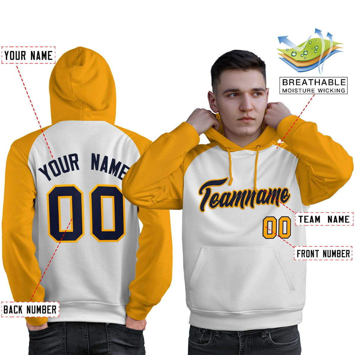 Custom Stitched White Gold-Navy Raglan Sleeves Sports Pullover Sweatshirt Hoodie For Men| KXKSHOP