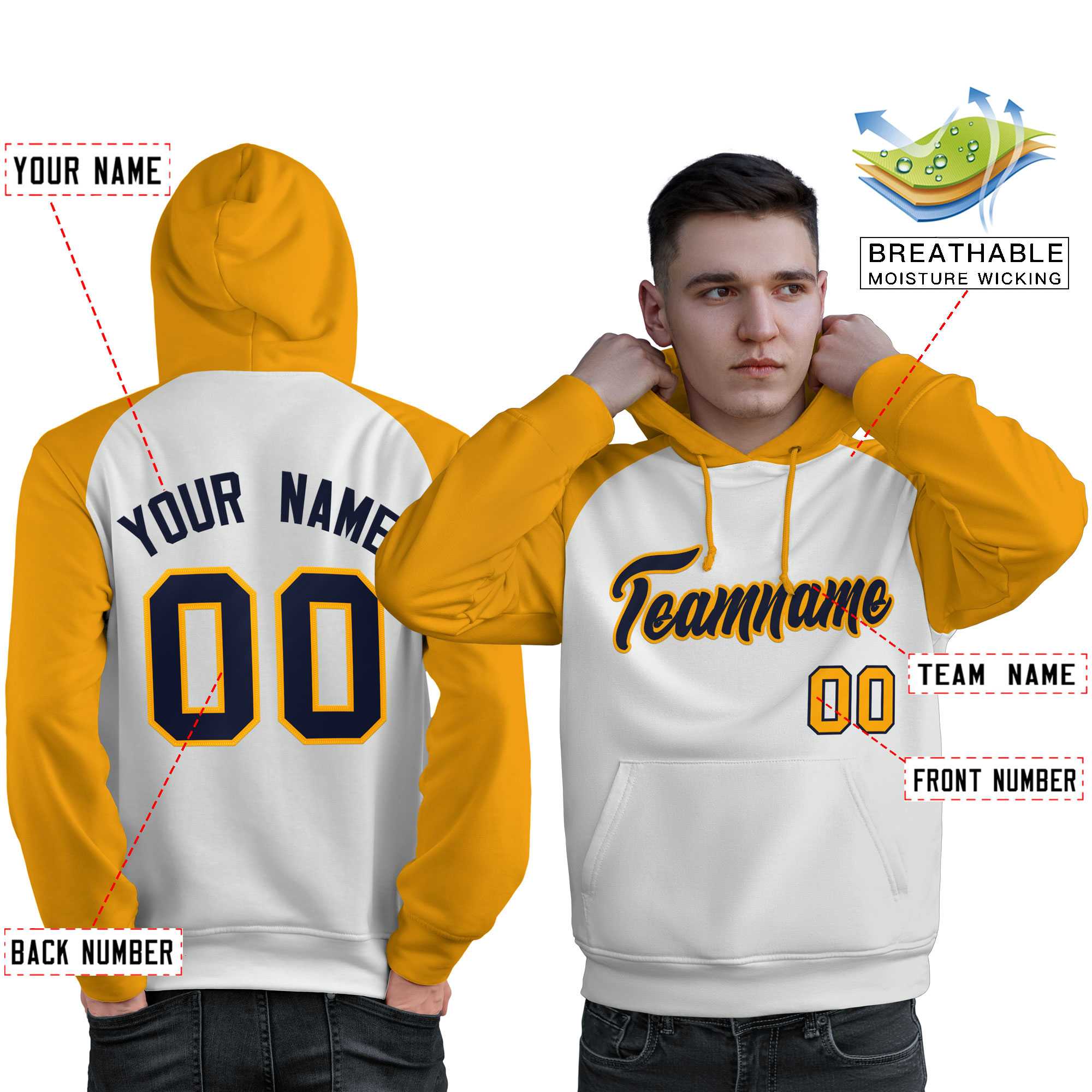 Custom Stitched White Gold-Navy Raglan Sleeves Sports Pullover Sweatshirt Hoodie For Men| KXKSHOP