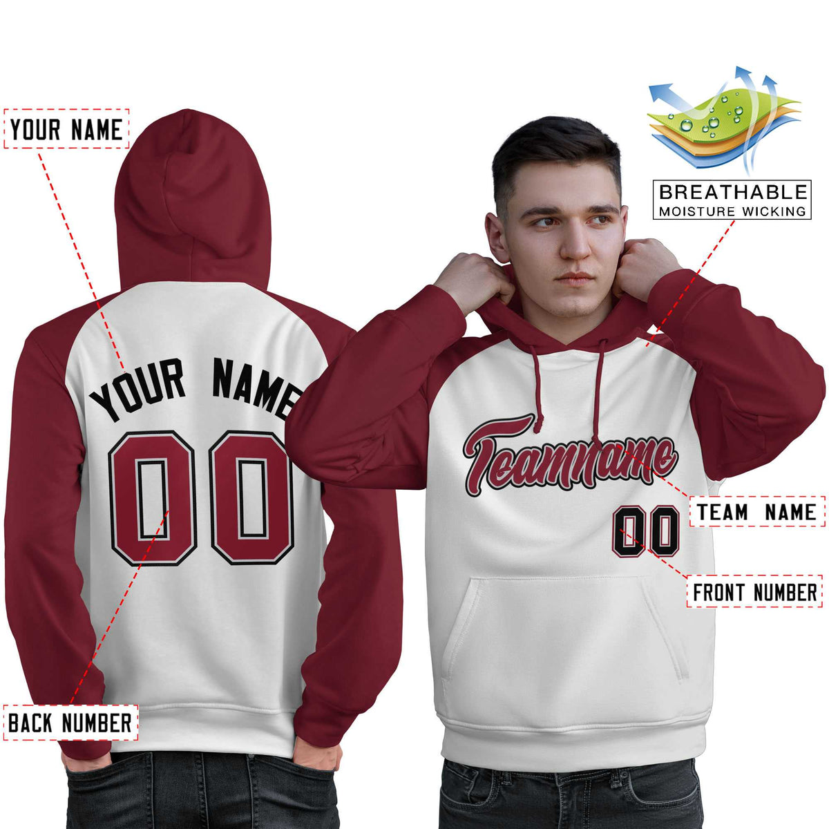 Custom Stitched White Crimson Raglan Sleeves Sports Pullover Sweatshirt Hoodie For Men| KXKSHOP