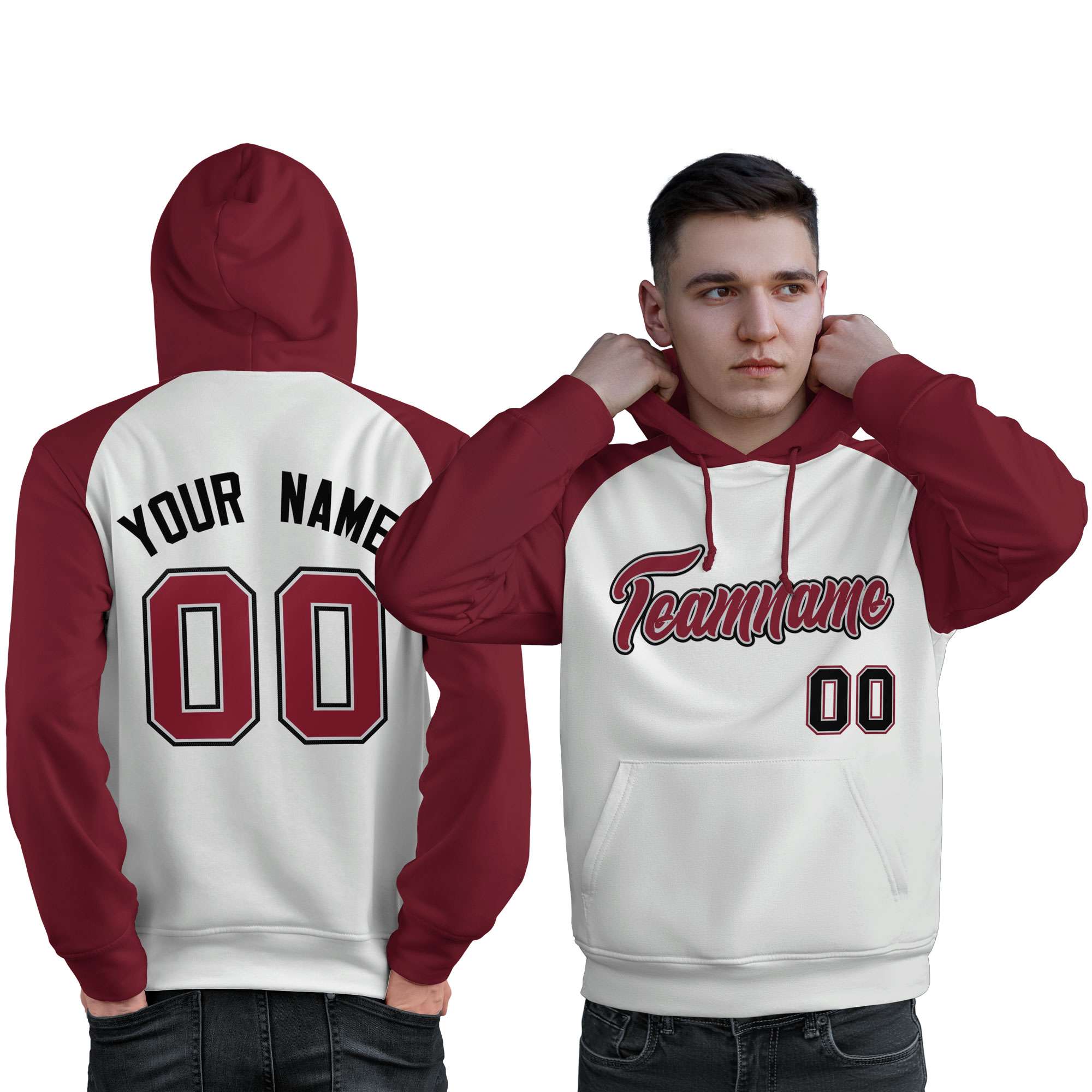 Custom Stitched White Crimson Raglan Sleeves Sports Pullover Sweatshirt Hoodie For Men| KXKSHOP