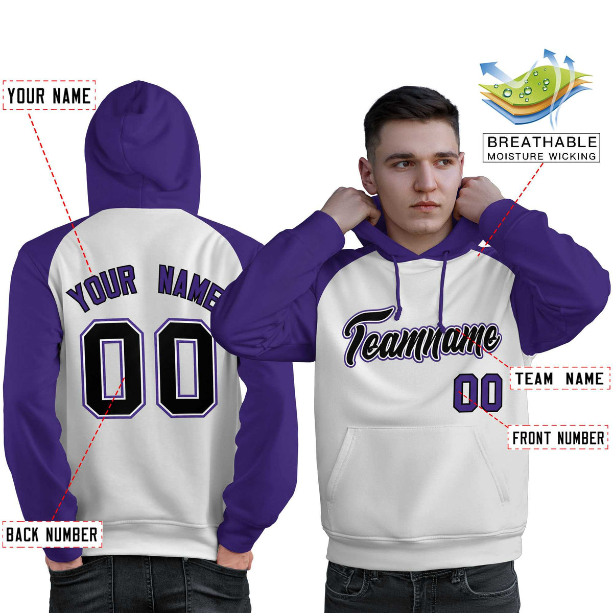 Custom Stitched White Purple-Black Raglan Sleeves Sports Pullover Sweatshirt Hoodie For Men| KXKSHOP