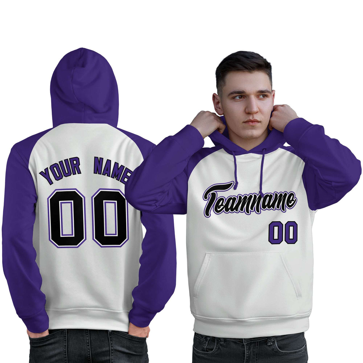 Custom Stitched White Purple-Black Raglan Sleeves Sports Pullover Sweatshirt Hoodie For Men| KXKSHOP