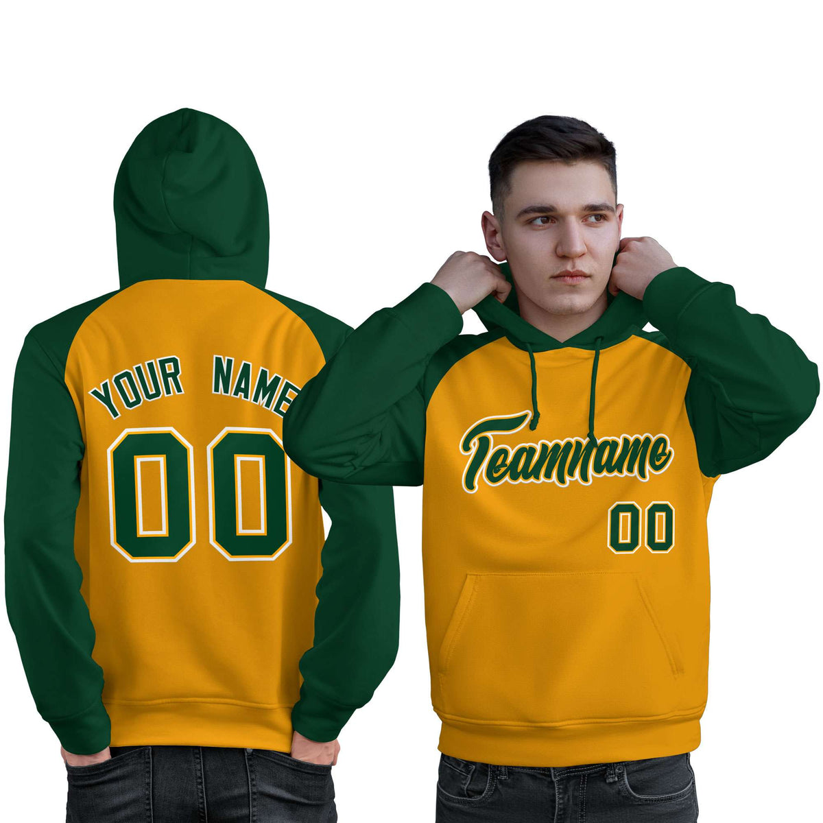 Custom Stitched Gold Green Raglan Sleeves Sports Pullover Sweatshirt Hoodie For Men| KXKSHOP