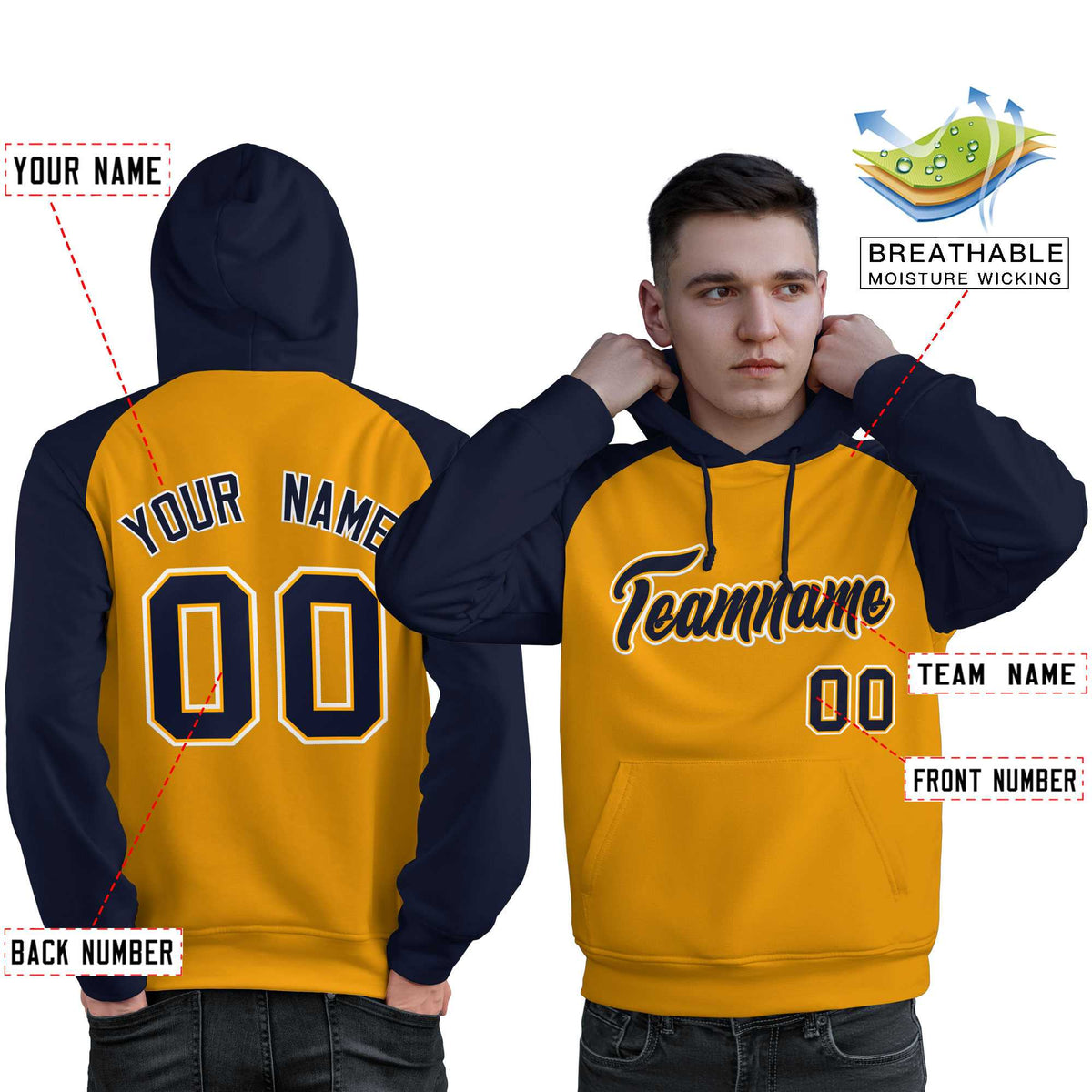 Custom Stitched Gold Navy Raglan Sleeves Sports Pullover Sweatshirt Hoodie For Men| KXKSHOP