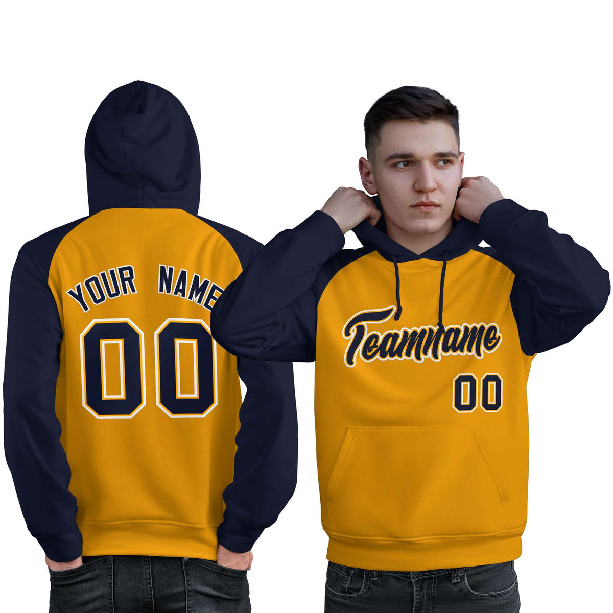 Custom Stitched Gold Navy Raglan Sleeves Sports Pullover Sweatshirt Hoodie For Men| KXKSHOP