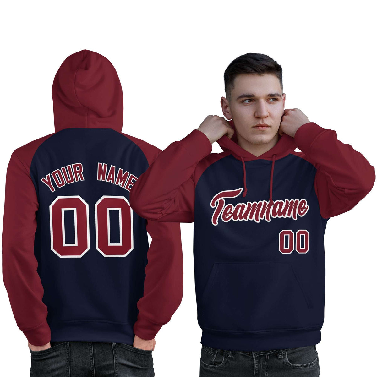Custom Stitched Navy Crimson Raglan Sleeves Sports Pullover Sweatshirt Hoodie For Men| KXKSHOP