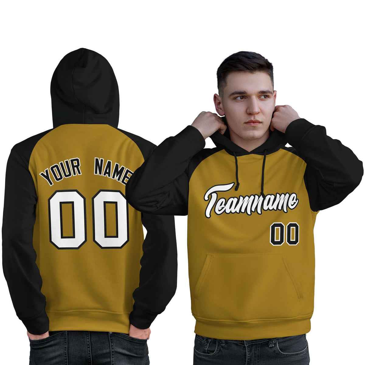 Custom Stitched Old Gold Black-White Raglan Sleeves Sports Pullover Sweatshirt Hoodie For Men| KXKSHOP