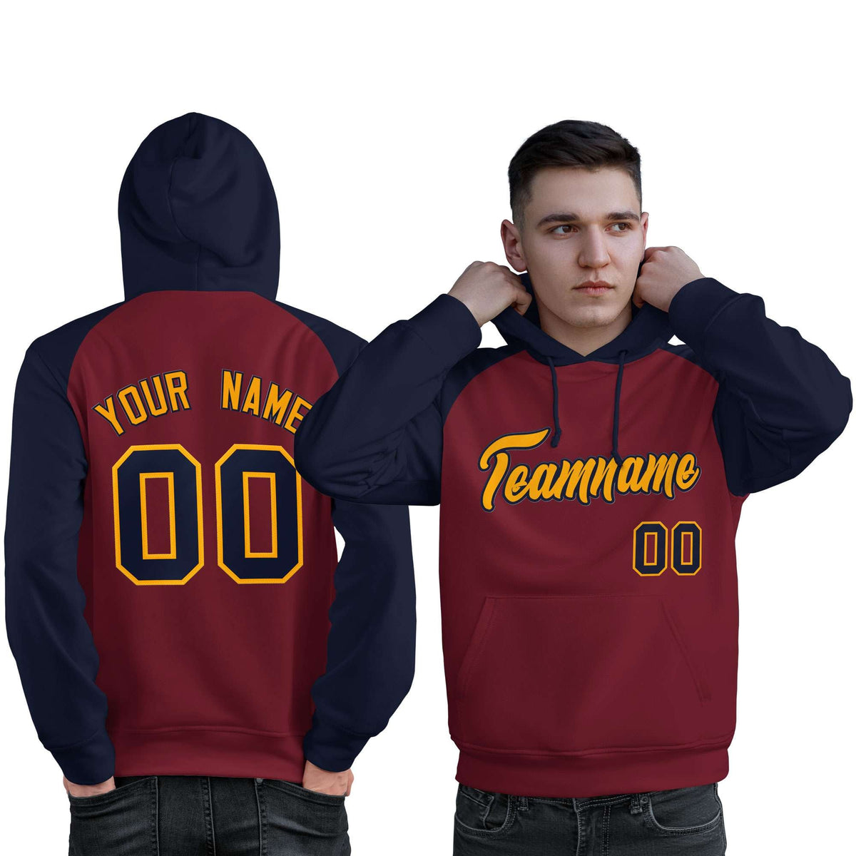 Custom Stitched Crimson Navy-Gold Raglan Sleeves Sports Pullover Sweatshirt Hoodie For Men| KXKSHOP