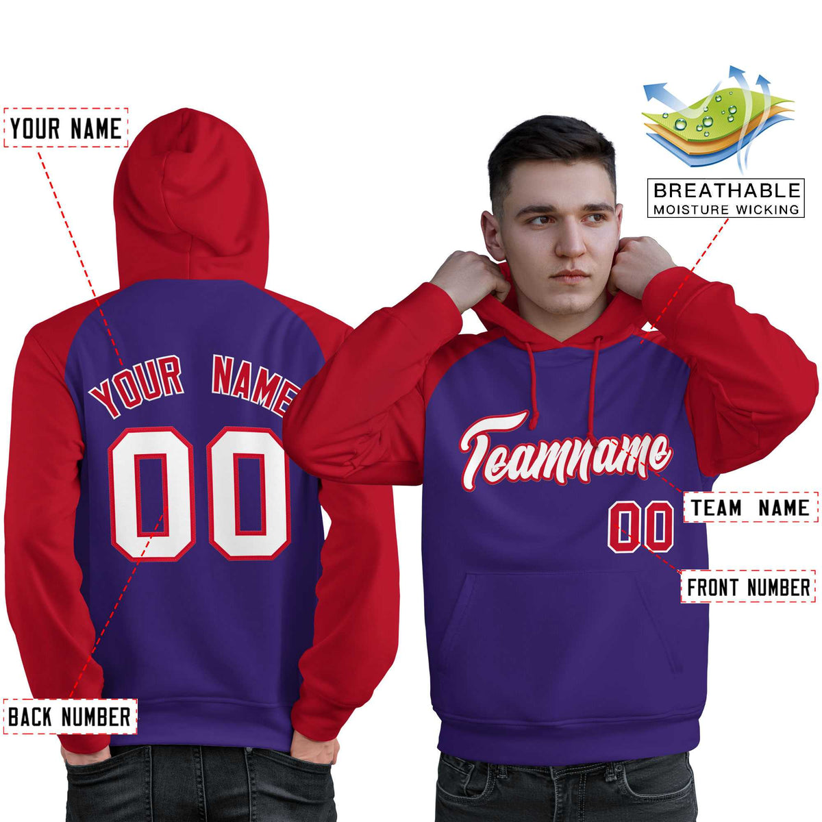 Custom Stitched Purple Red-White Raglan Sleeves Sports Pullover Sweatshirt Hoodie For Men| KXKSHOP