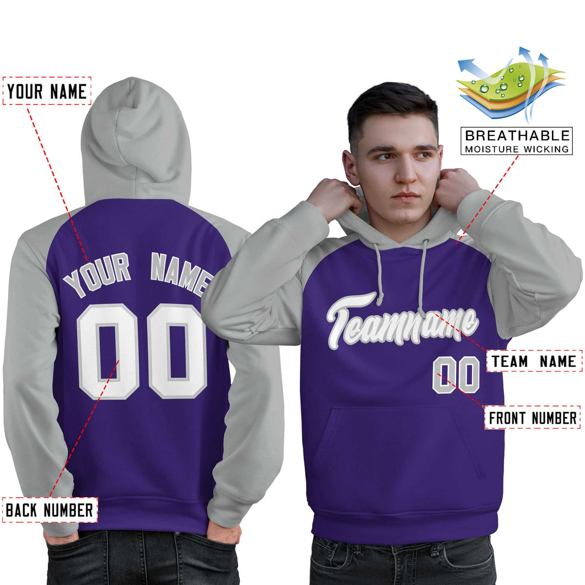 Custom Stitched Purple Gray-White Raglan Sleeves Sports Pullover Sweatshirt Hoodie For Men| KXKSHOP