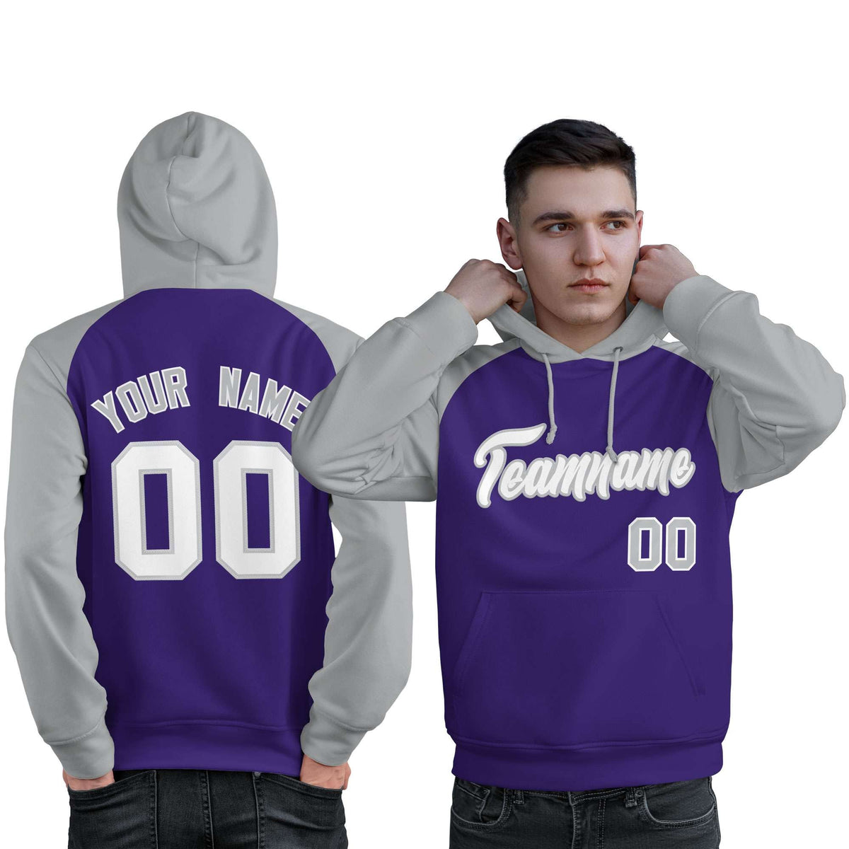 Custom Stitched Purple Gray-White Raglan Sleeves Sports Pullover Sweatshirt Hoodie For Men| KXKSHOP
