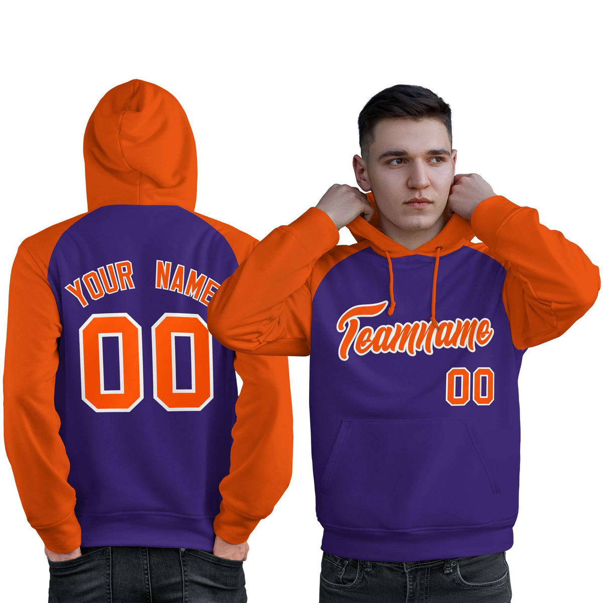 Custom Stitched Purple Orange Raglan Sleeves Sports Pullover Sweatshirt Hoodie For Men| KXKSHOP