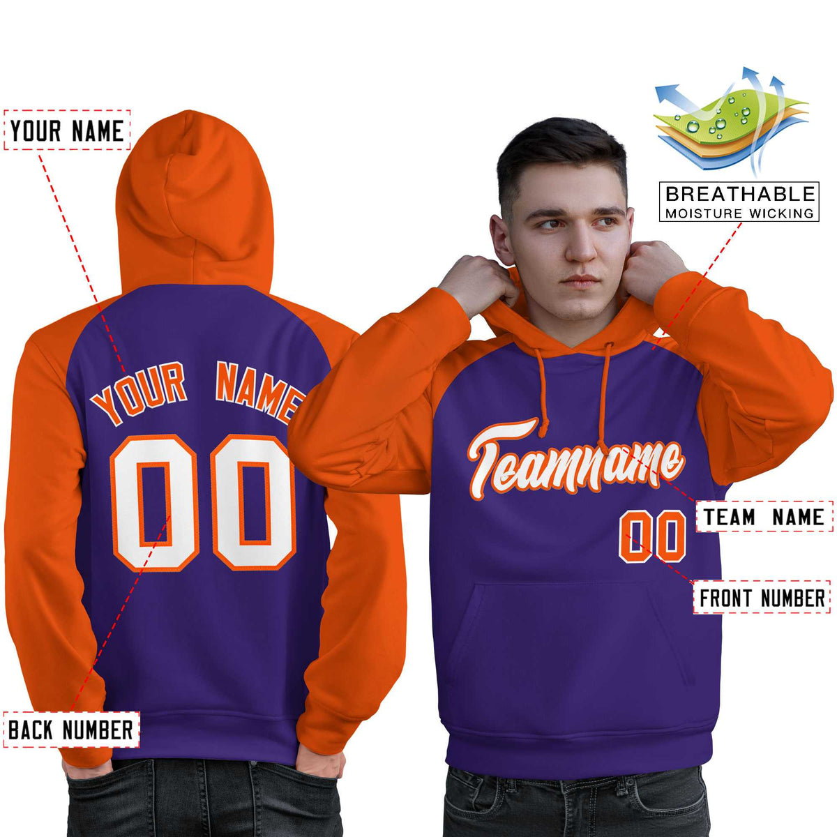 Custom Stitched Purple Orange-White Raglan Sleeves Sports Pullover Sweatshirt Hoodie For Men| KXKSHOP