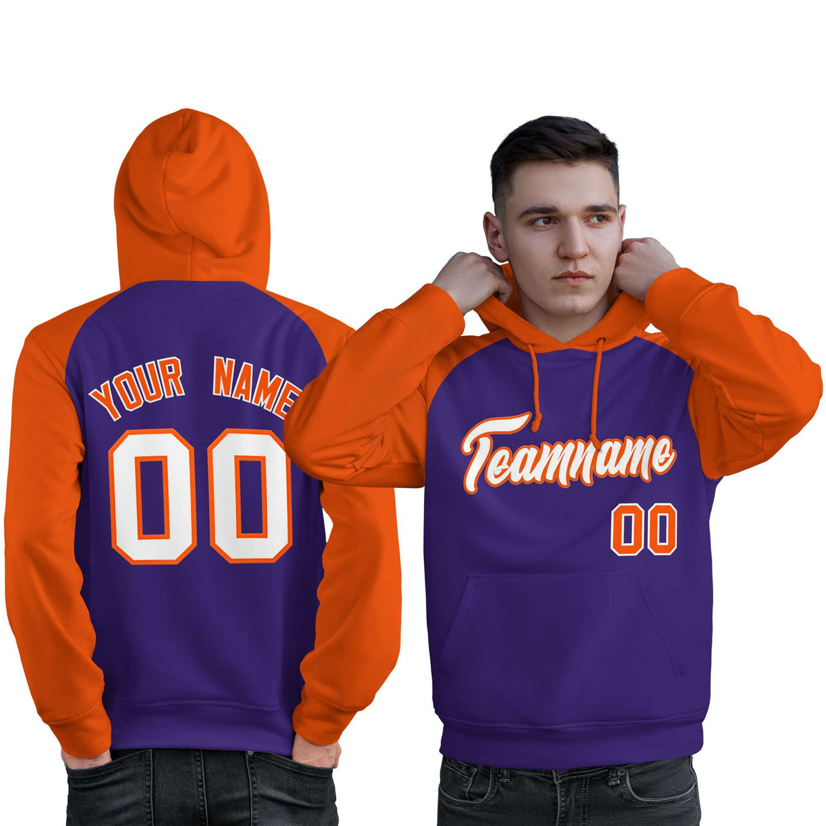 Custom Stitched Purple Orange-White Raglan Sleeves Sports Pullover Sweatshirt Hoodie For Men| KXKSHOP