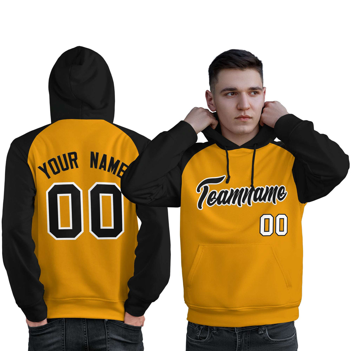 Custom Stitched Gold Black Raglan Sleeves Sports Pullover Sweatshirt Hoodie For Men| KXKSHOP
