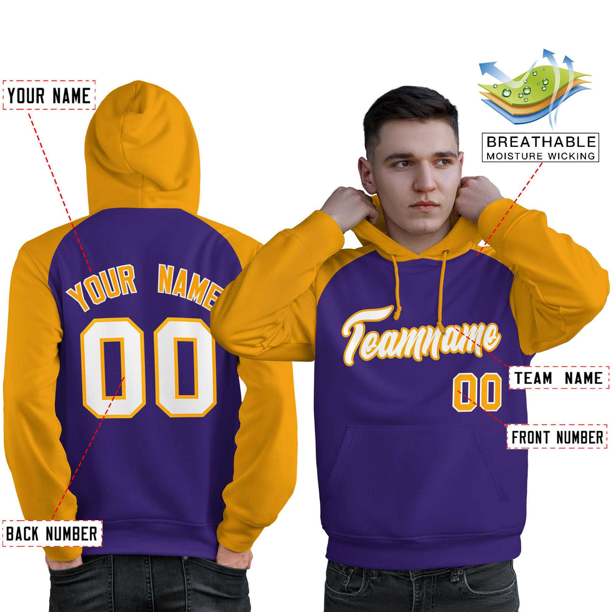 Custom Stitched Purple Gold-White Raglan Sleeves Sports Pullover Sweatshirt Hoodie For Men| KXKSHOP