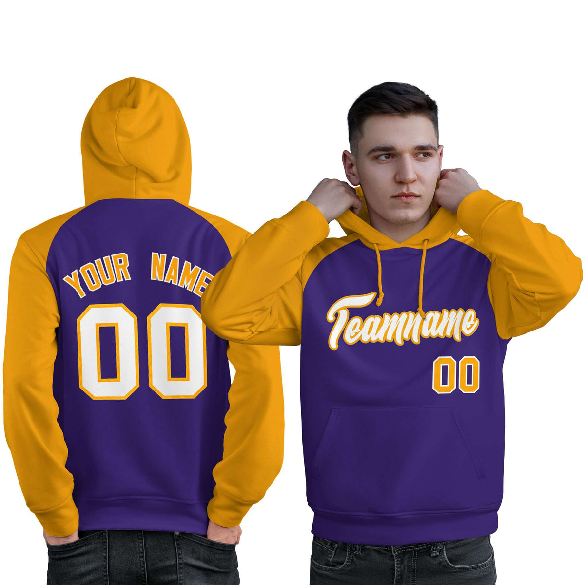 Custom Stitched Purple Gold-White Raglan Sleeves Sports Pullover Sweatshirt Hoodie For Men| KXKSHOP