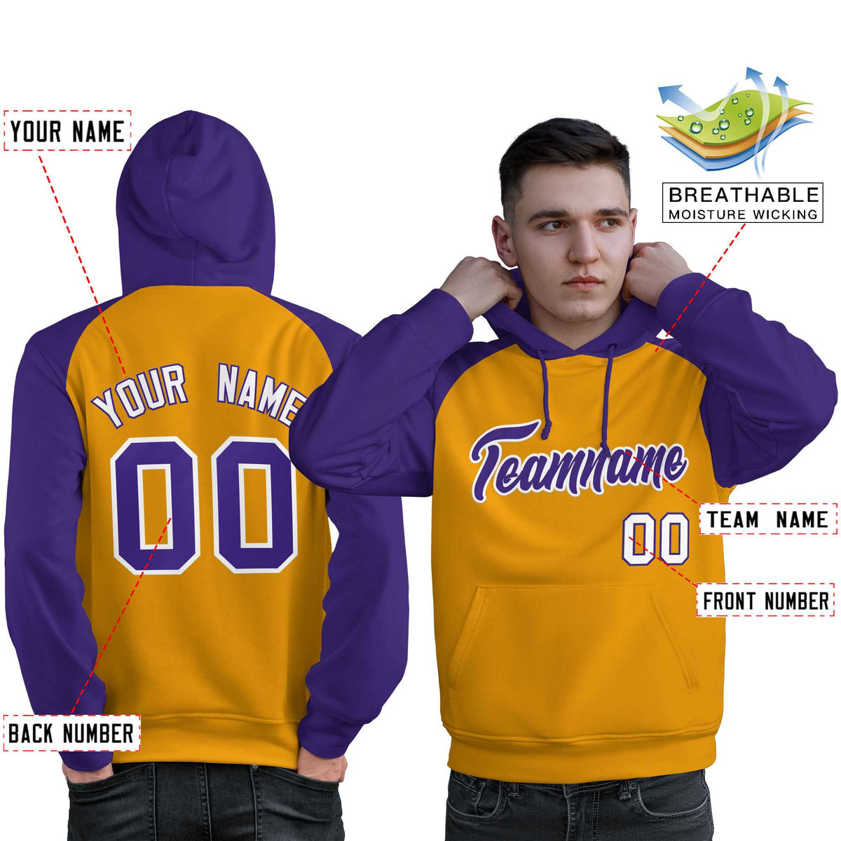 Custom Stitched Gold Purple Raglan Sleeves Sports Pullover Sweatshirt Hoodie For Men| KXKSHOP
