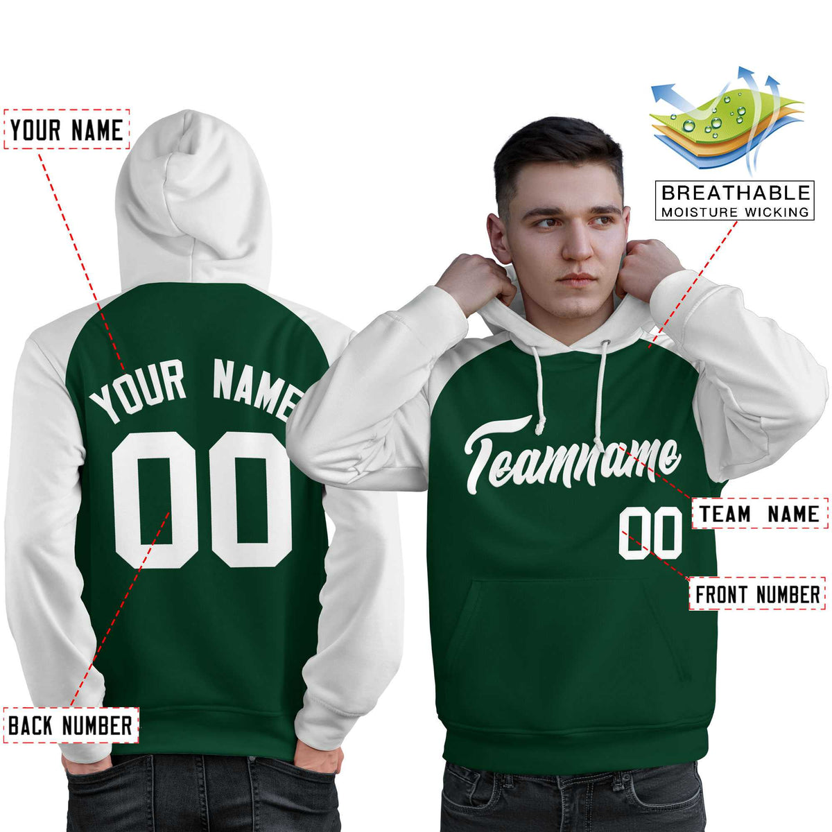 Custom Stitched Green White Raglan Sleeves Sports Pullover Sweatshirt Hoodie For Men| KXKSHOP