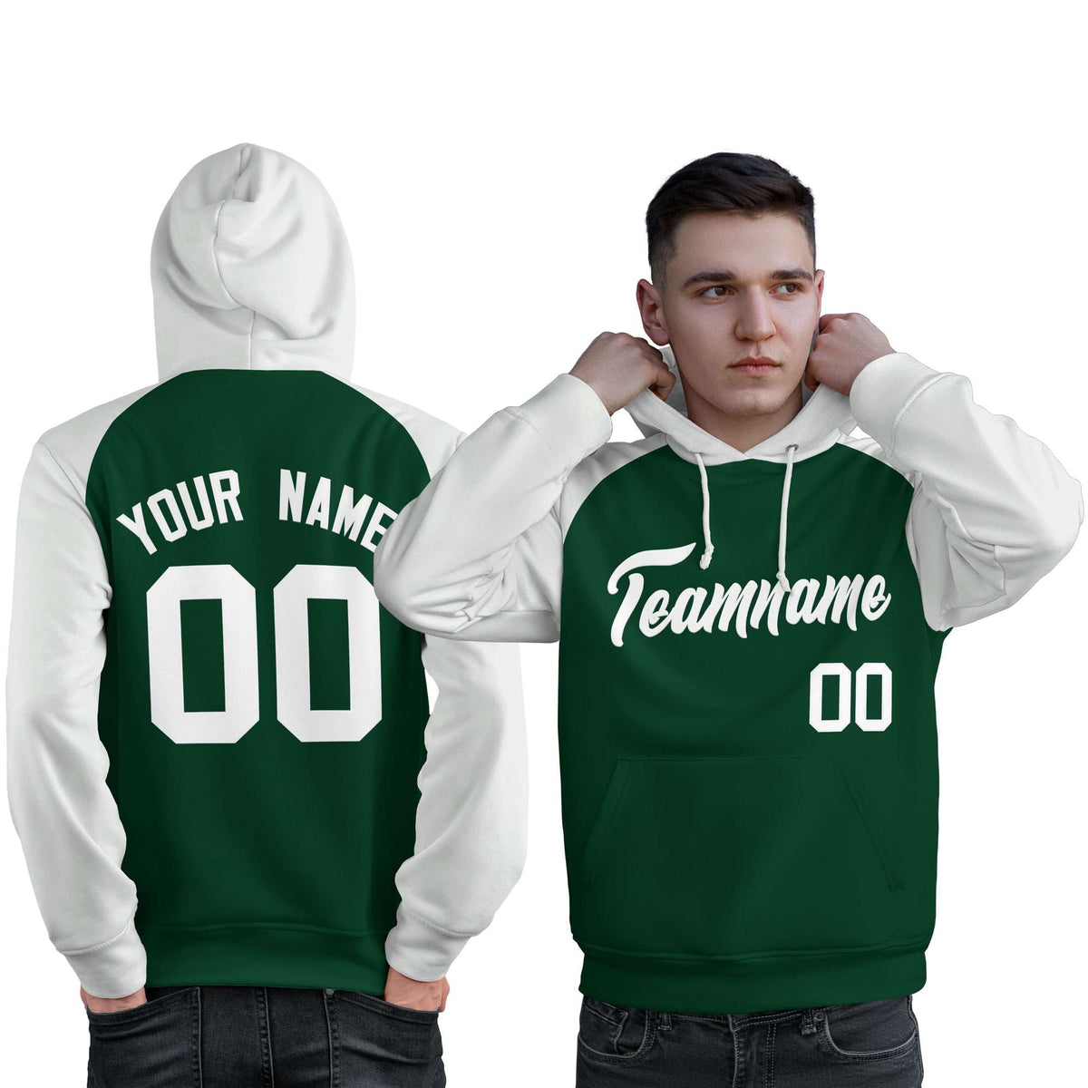 Custom Stitched Green White Raglan Sleeves Sports Pullover Sweatshirt Hoodie For Men| KXKSHOP