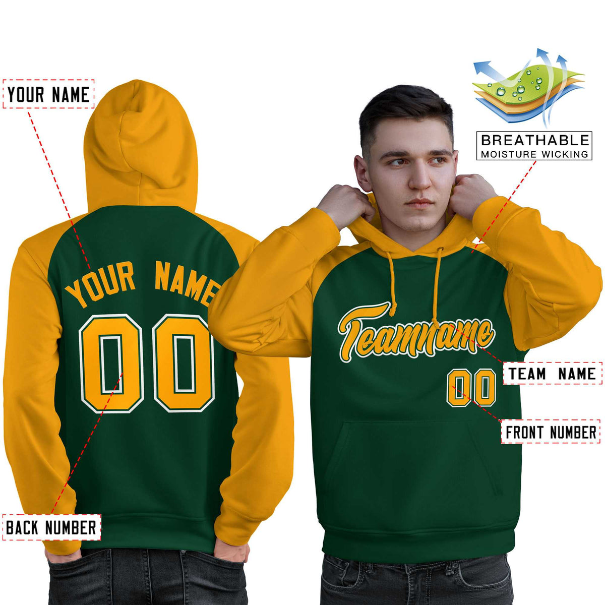 Custom Stitched Green Gold Raglan Sleeves Sports Pullover Sweatshirt Hoodie For Men| KXKSHOP
