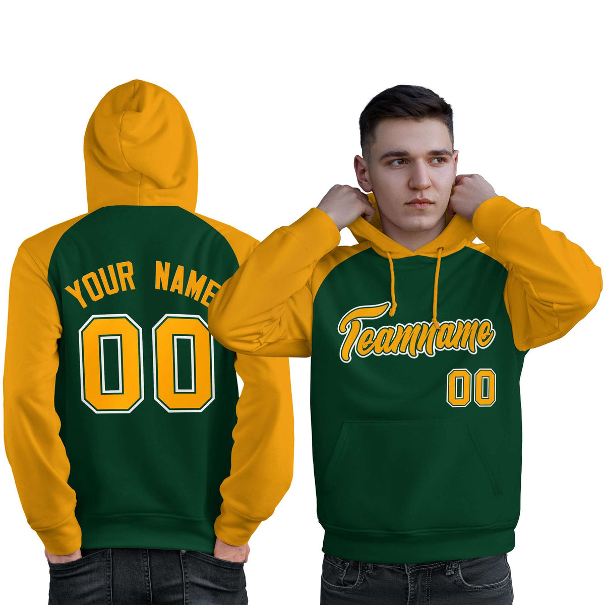 Custom Stitched Green Gold Raglan Sleeves Sports Pullover Sweatshirt Hoodie For Men| KXKSHOP