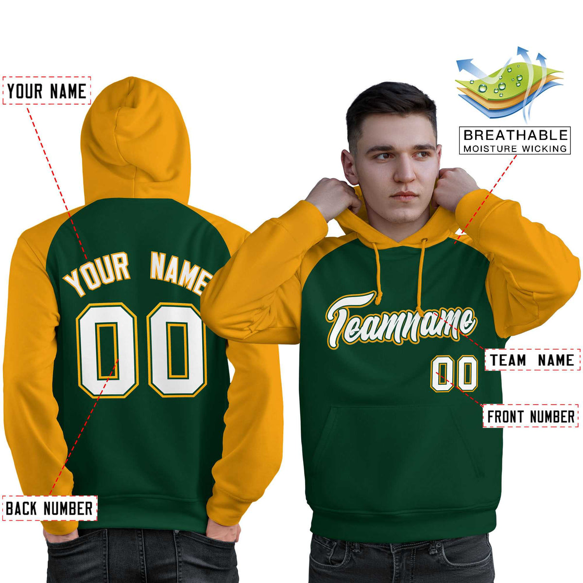 Custom Stitched Green Gold-White Raglan Sleeves Sports Pullover Sweatshirt Hoodie For Men| KXKSHOP