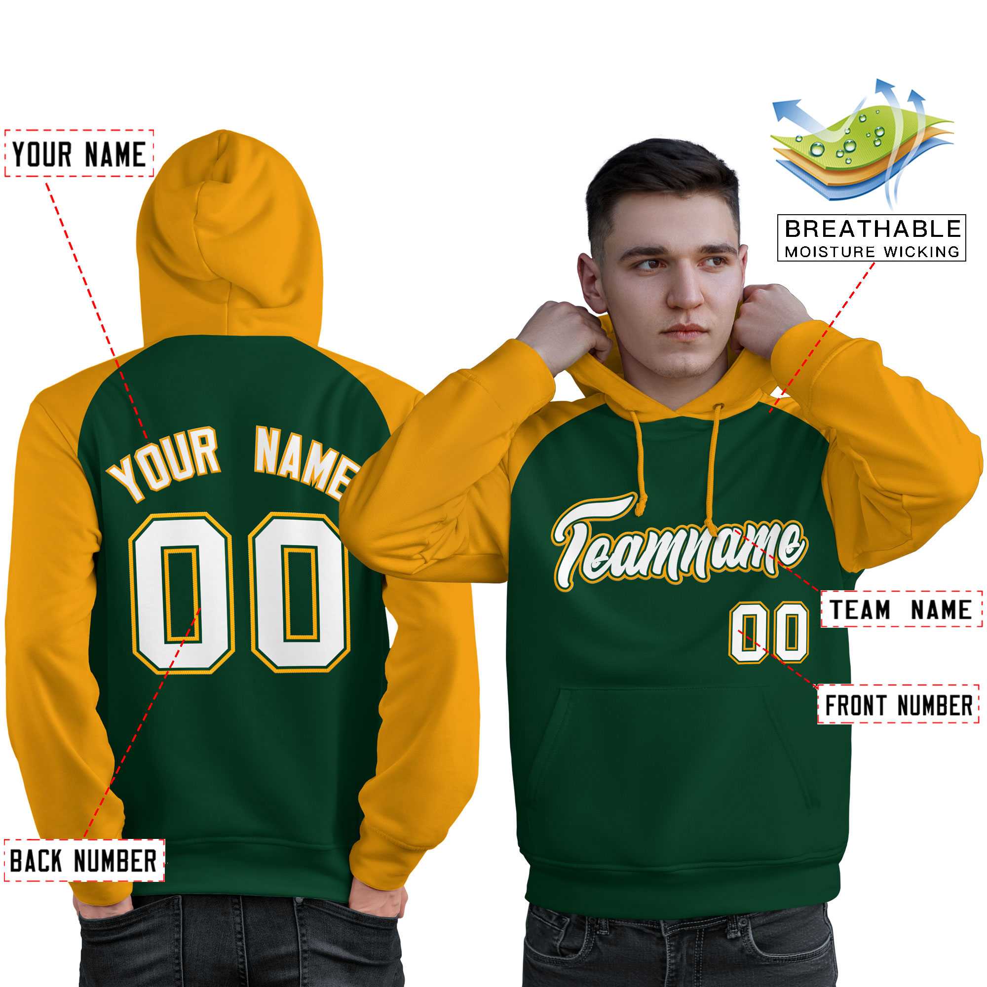 Custom Stitched Green Gold-White Raglan Sleeves Sports Pullover Sweatshirt Hoodie For Men| KXKSHOP