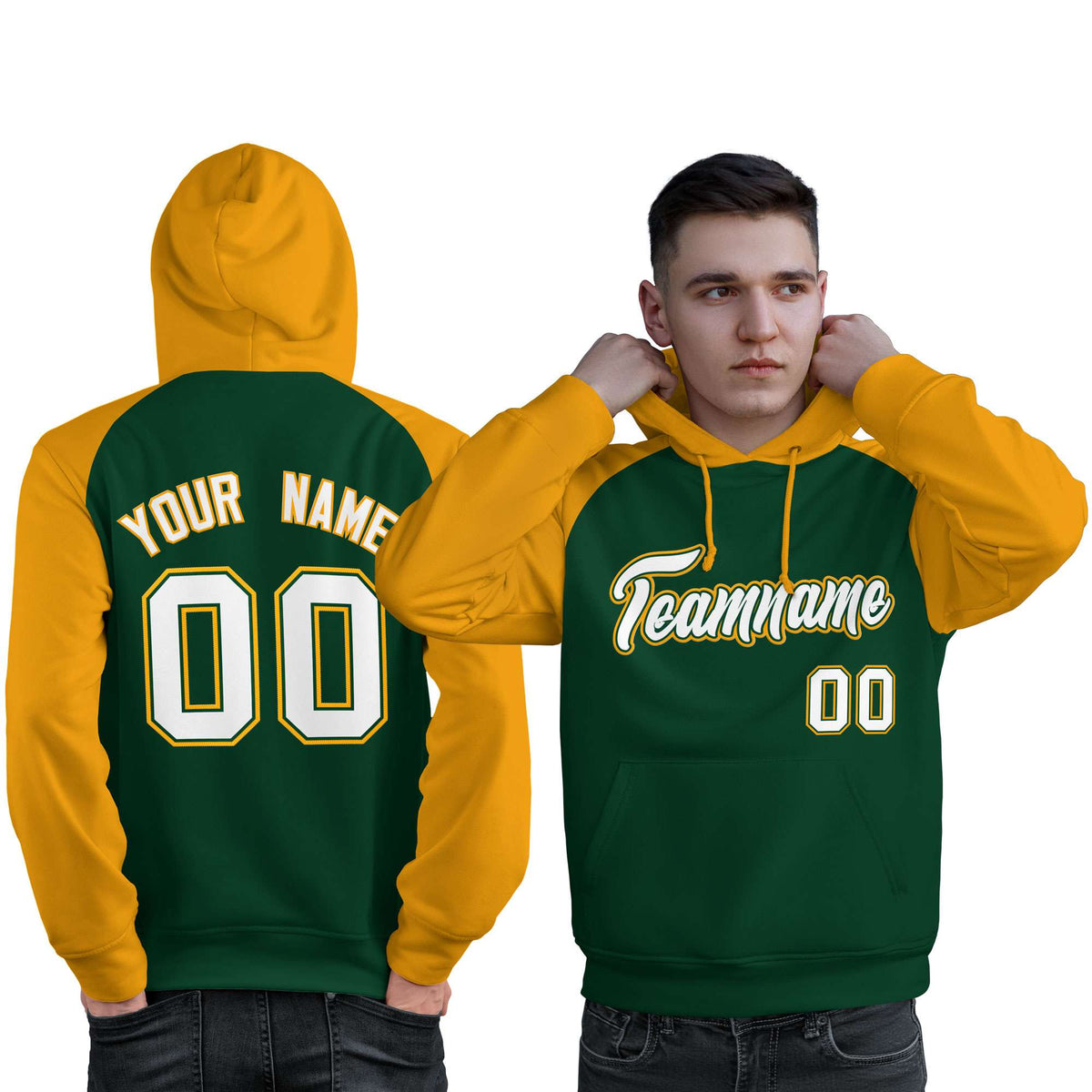 Custom Stitched Green Gold-White Raglan Sleeves Sports Pullover Sweatshirt Hoodie For Men| KXKSHOP