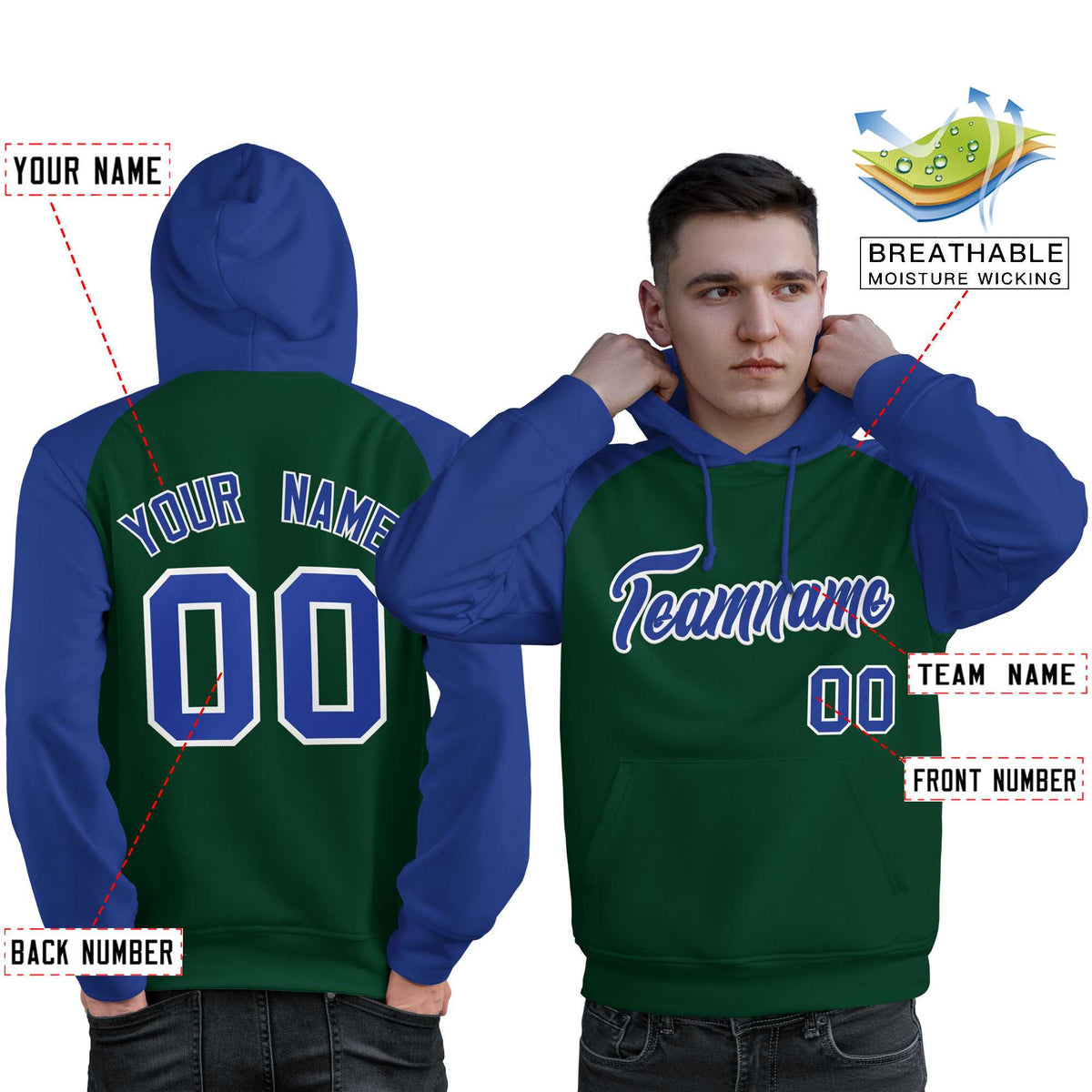 Custom Stitched Green Royal Raglan Sleeves Sports Pullover Sweatshirt Hoodie For Men| KXKSHOP