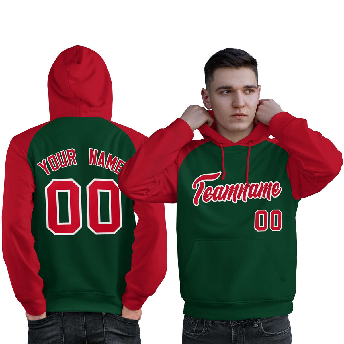 Custom Stitched Green Red Raglan Sleeves Sports Pullover Sweatshirt Hoodie For Men| KXKSHOP