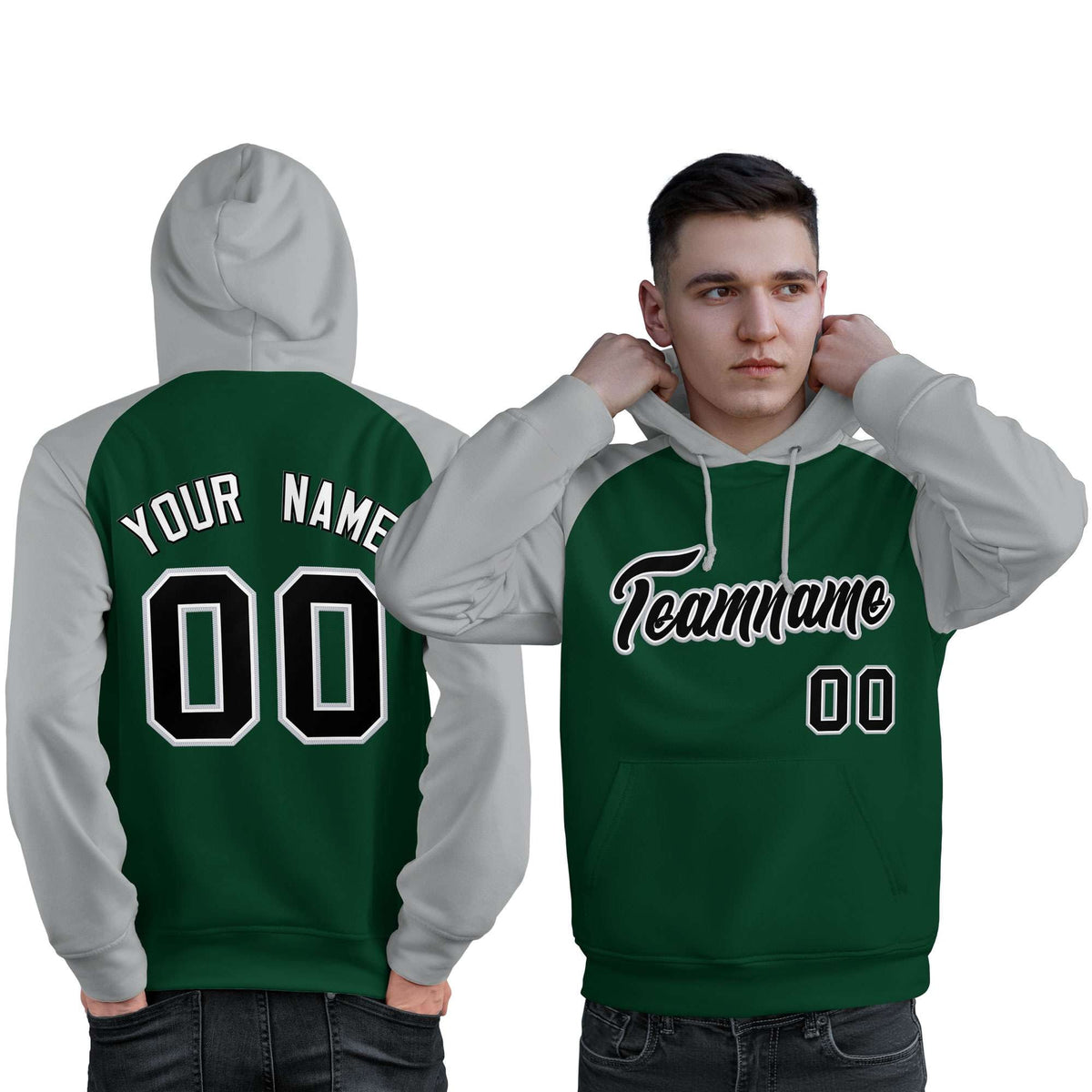 Custom Stitched Green Gray-Black Raglan Sleeves Sports Pullover Sweatshirt Hoodie For Men| KXKSHOP