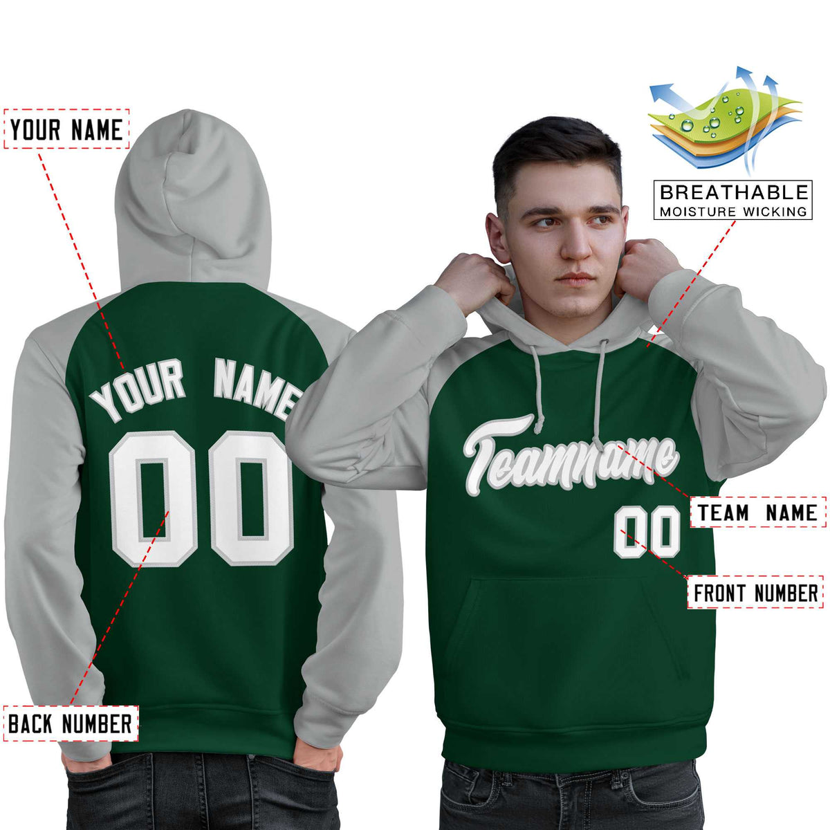 Custom Stitched Green Gray-White Raglan Sleeves Sports Pullover Sweatshirt Hoodie For Men| KXKSHOP