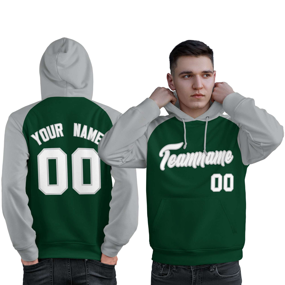 Custom Stitched Green Gray-White Raglan Sleeves Sports Pullover Sweatshirt Hoodie For Men| KXKSHOP