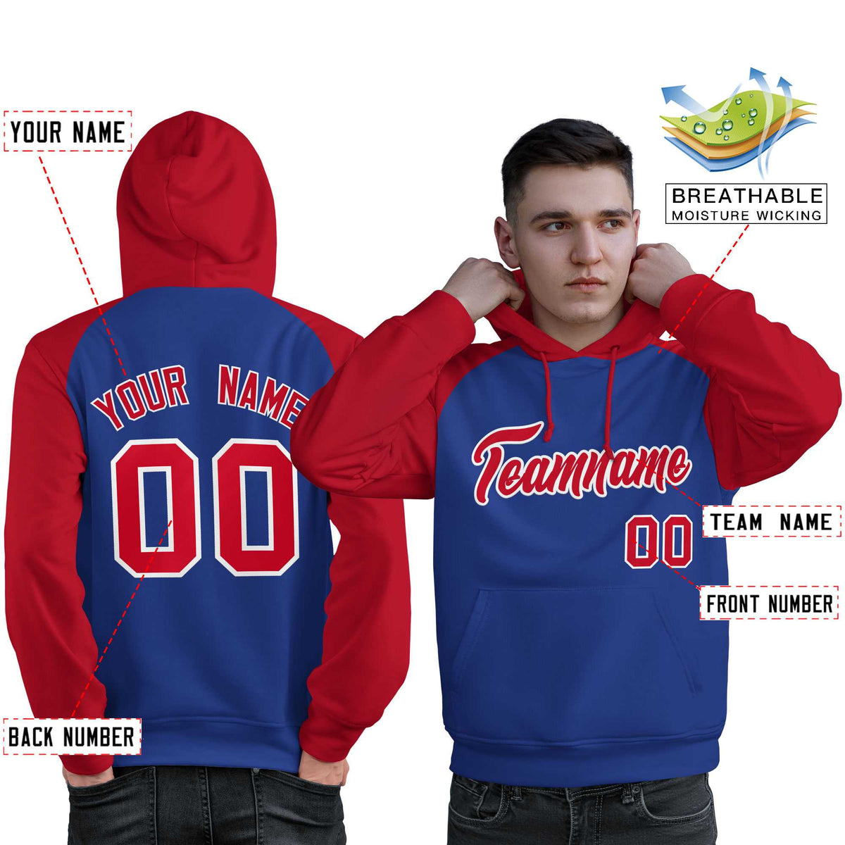 Custom Stitched Royal Red Raglan Sleeves Sports Pullover Sweatshirt Hoodie For Men| KXKSHOP