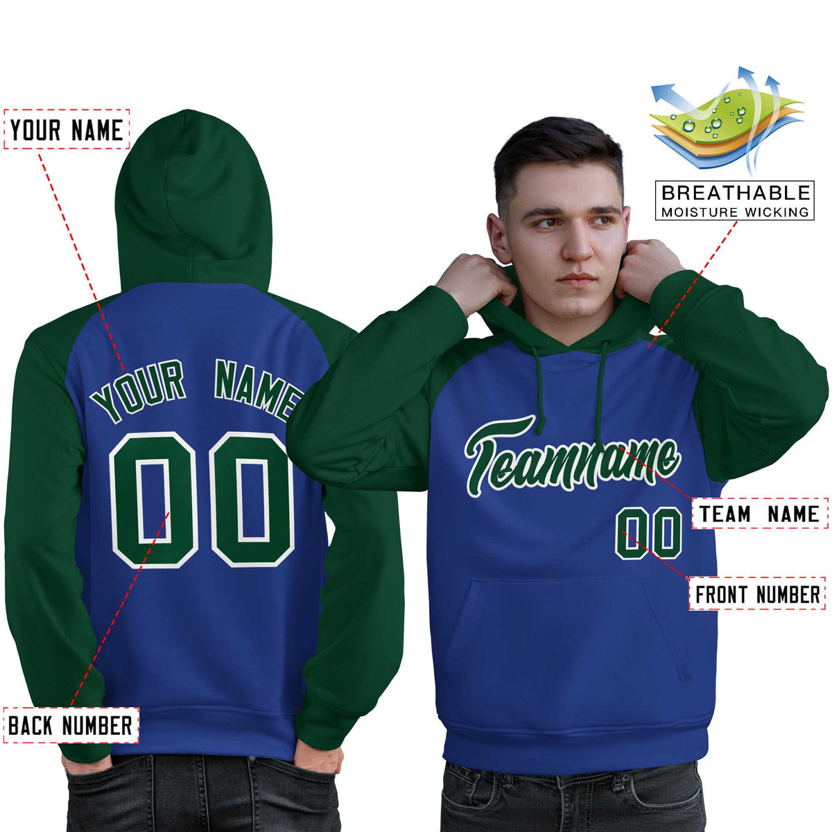 Custom Stitched Royal Green Raglan Sleeves Sports Pullover Sweatshirt Hoodie For Men| KXKSHOP