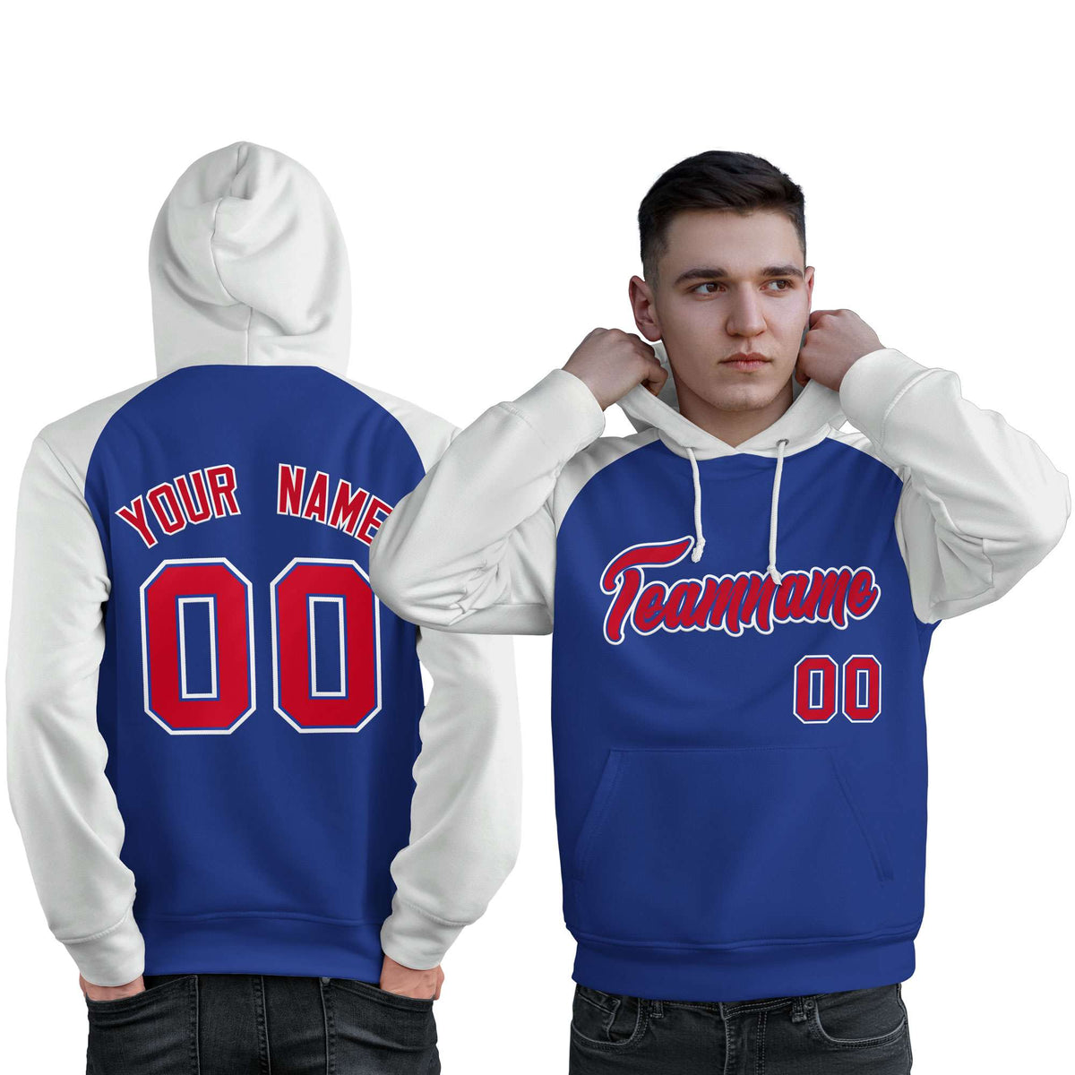 Custom Stitched Royal White-Red Raglan Sleeves Sports Pullover Sweatshirt Hoodie For Men| KXKSHOP