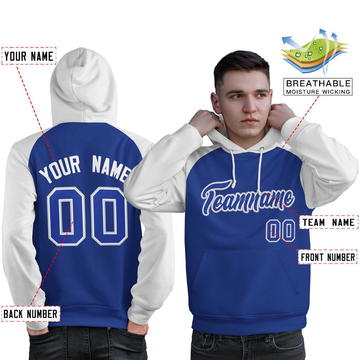 Custom Stitched Royal White Raglan Sleeves Sports Pullover Sweatshirt Hoodie For Men| KXKSHOP