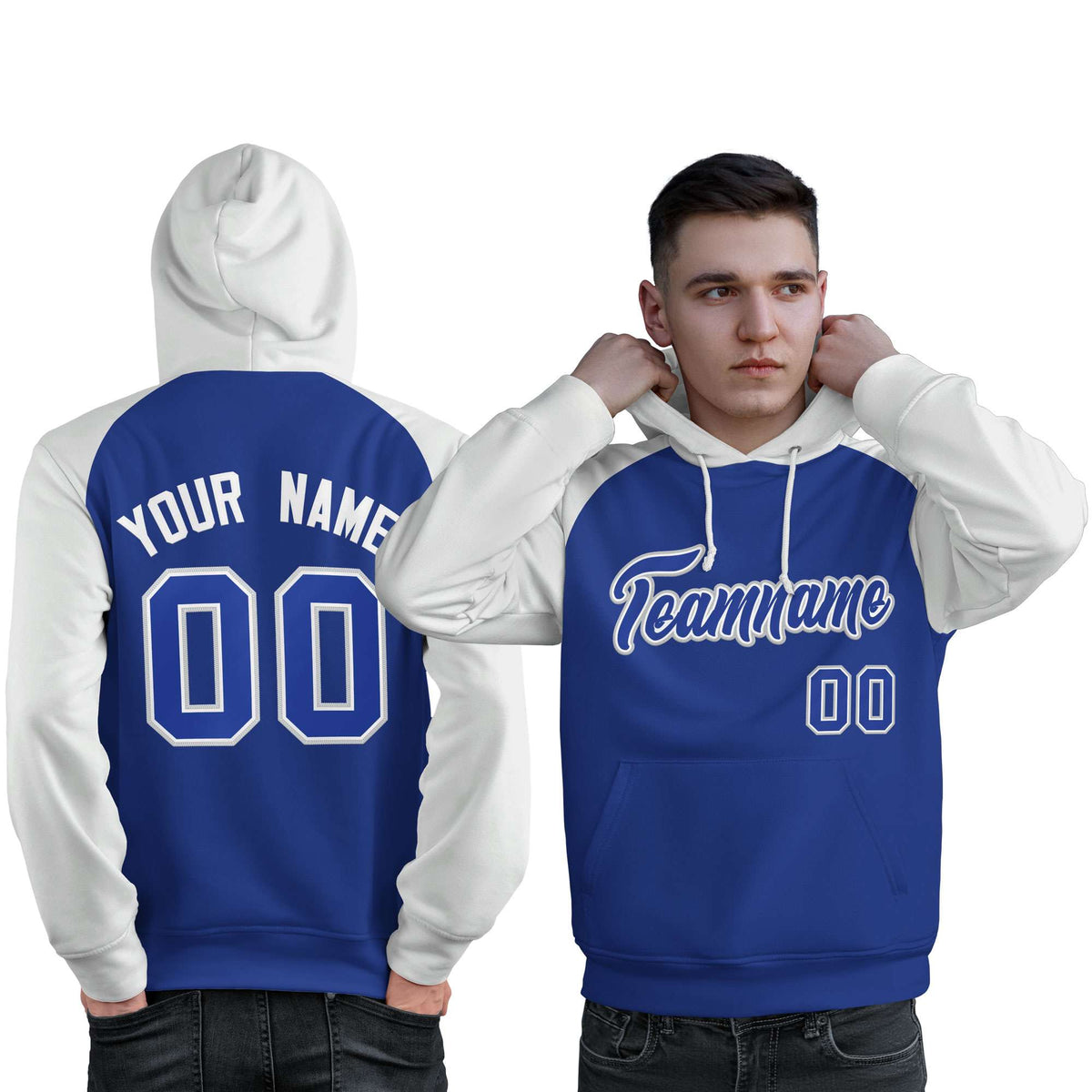 Custom Stitched Royal White Raglan Sleeves Sports Pullover Sweatshirt Hoodie For Men| KXKSHOP
