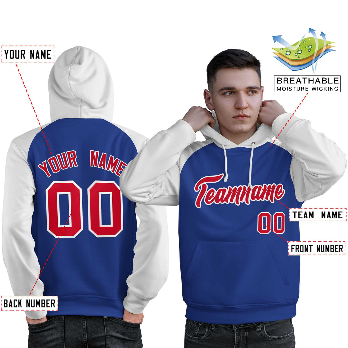 Custom Stitched Royal White-Red Raglan Sleeves Sports Pullover Sweatshirt Hoodie For Men| KXKSHOP