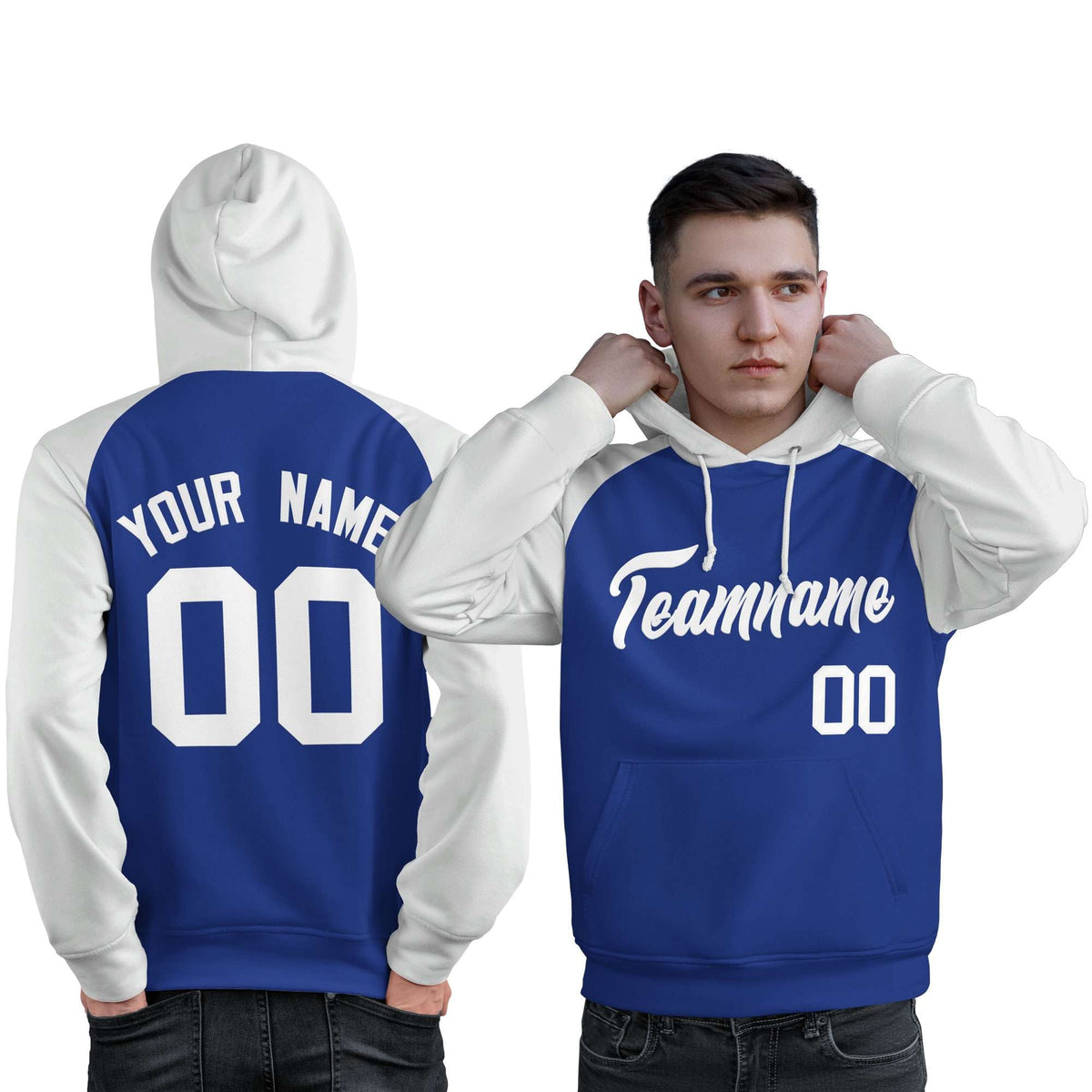 Custom Stitched Royal White Raglan Sleeves Sports Pullover Sweatshirt Hoodie For Men| KXKSHOP