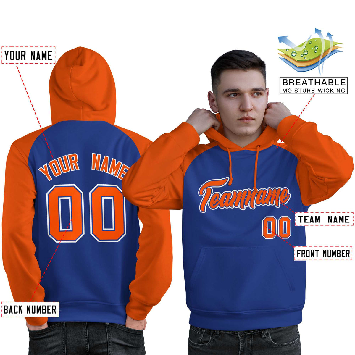Custom Stitched Royal Orange Raglan Sleeves Sports Pullover Sweatshirt Hoodie For Men| KXKSHOP