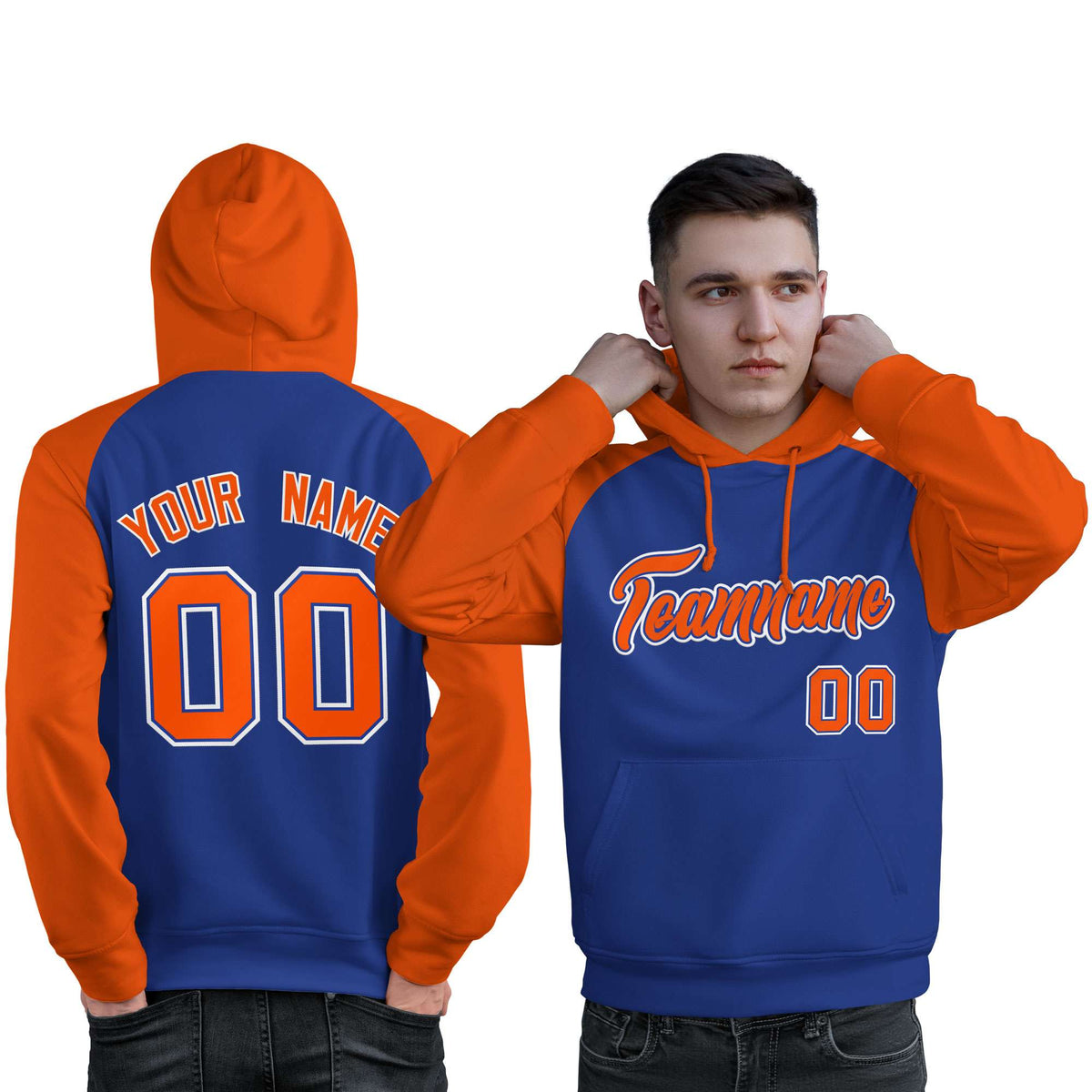 Custom Stitched Royal Orange Raglan Sleeves Sports Pullover Sweatshirt Hoodie For Men| KXKSHOP