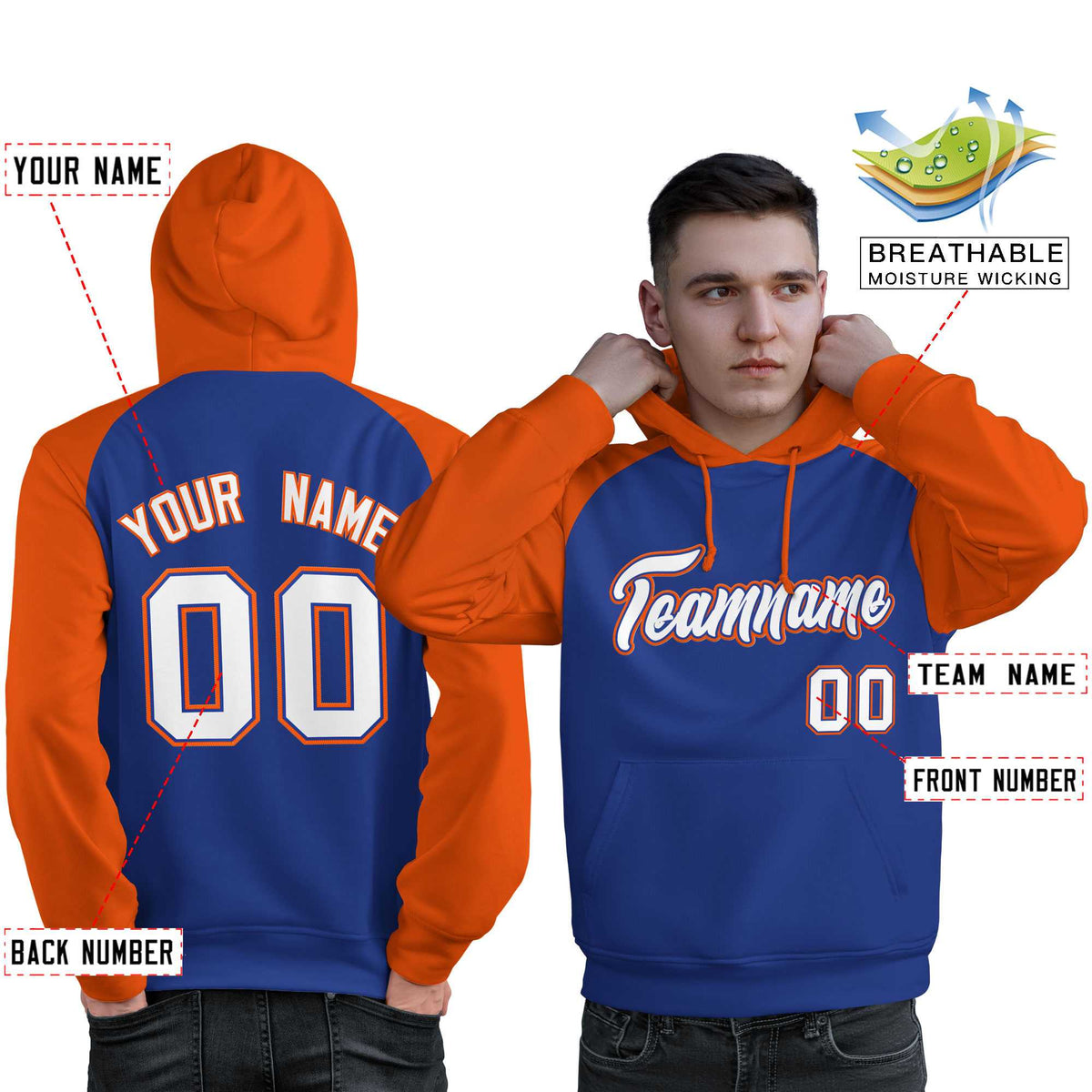 Custom Stitched Royal Orange-White Raglan Sleeves Sports Pullover Sweatshirt Hoodie For Men| KXKSHOP