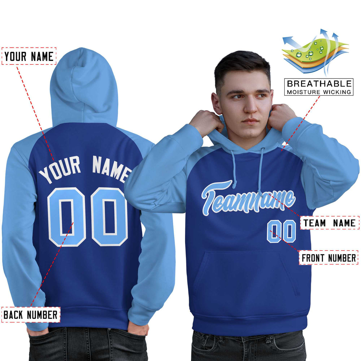 Custom Stitched Royal Powder Blue Raglan Sleeves Sports Pullover Sweatshirt Hoodie For Men| KXKSHOP