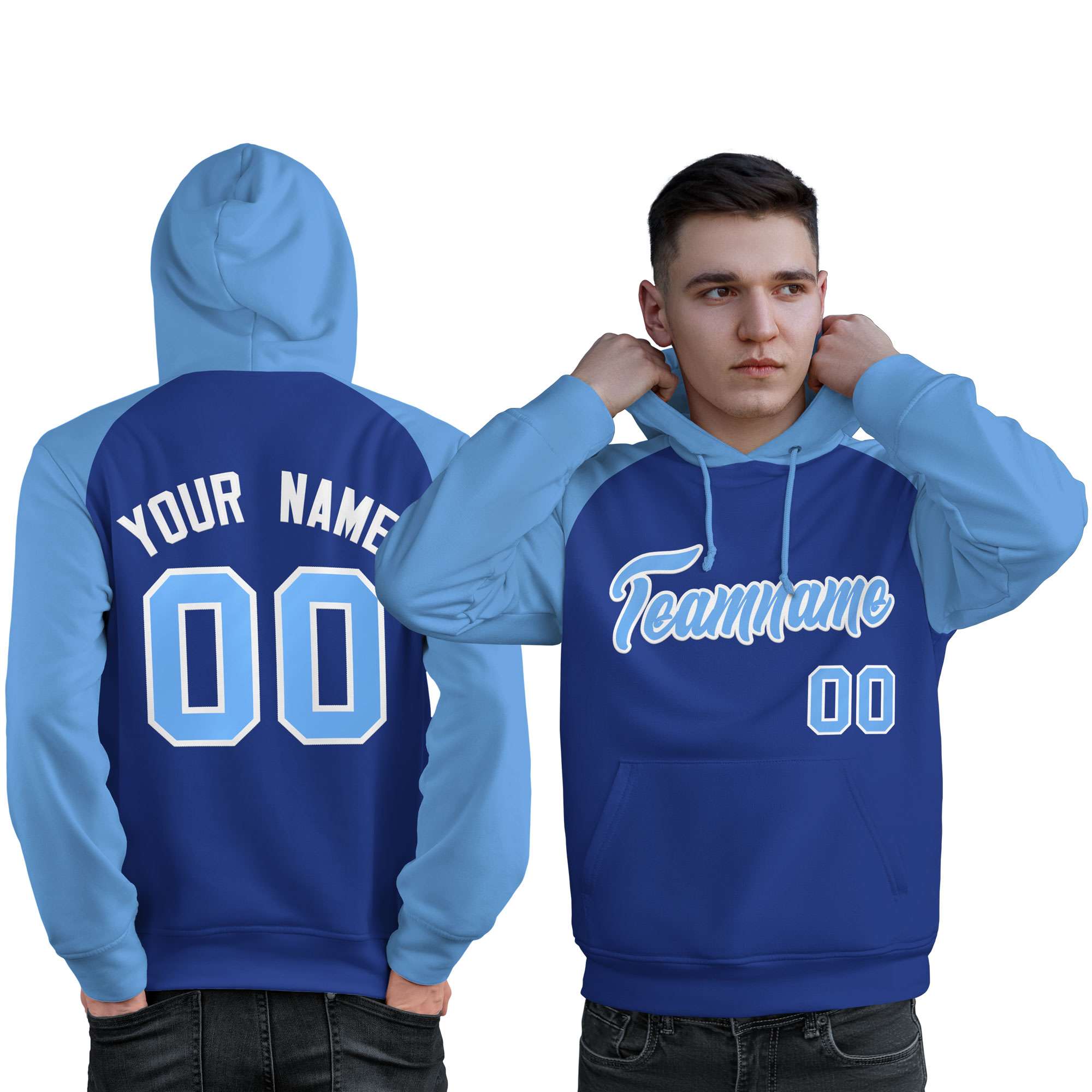 Custom Stitched Royal Powder Blue Raglan Sleeves Sports Pullover Sweatshirt Hoodie For Men| KXKSHOP