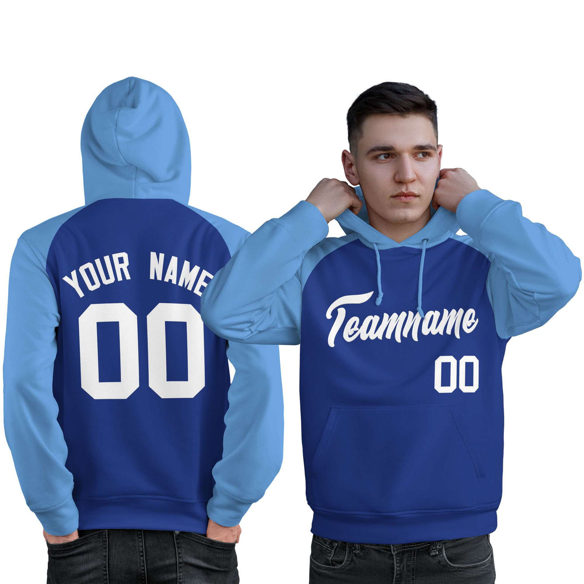 Custom Stitched Royal Powder Blue-White Raglan Sleeves Sports Pullover Sweatshirt Hoodie For Men| KXKSHOP